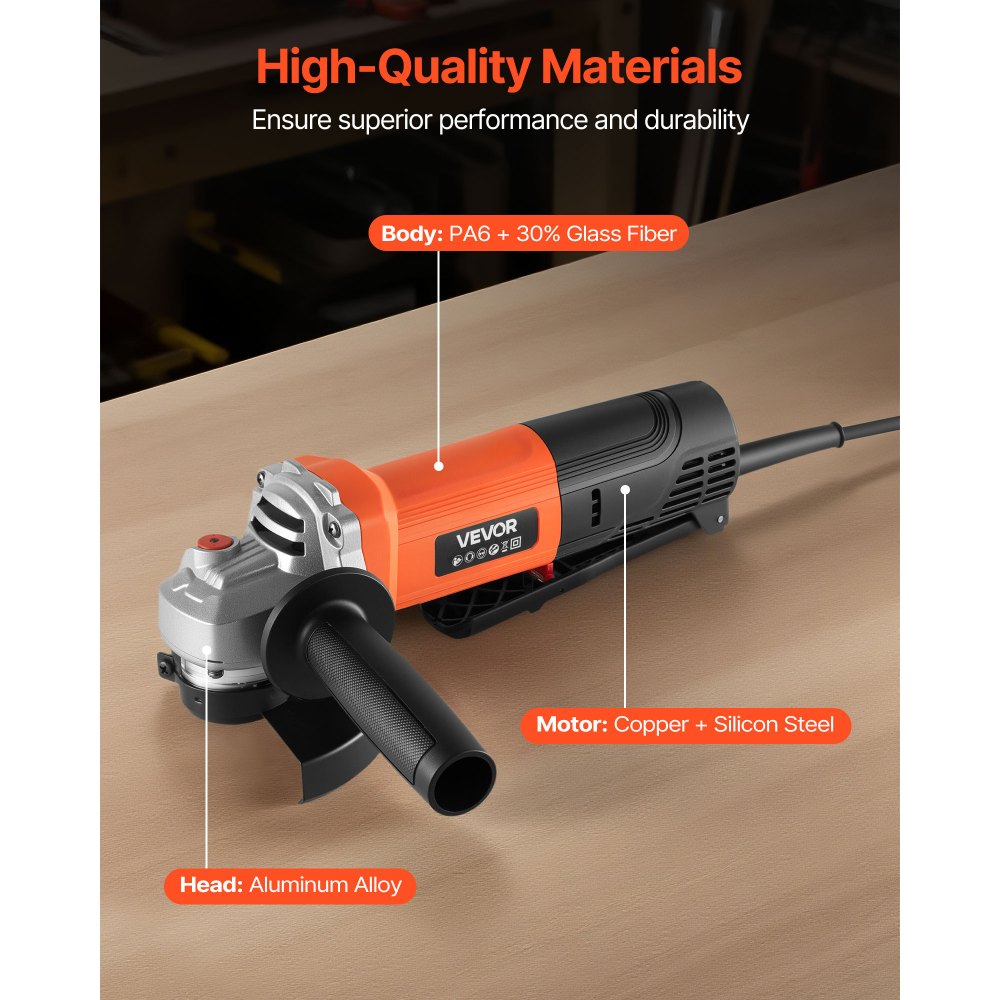 VEVOR Angle Grinder, 4-1/2" Electric Grinder Power Tool, 8Amps 12000RPM High-Speed Corded Angle Grinders with 230° Adjustable Dust Guard for Metal Grinding, Cutting, Rust Removal (Disc Not Included)