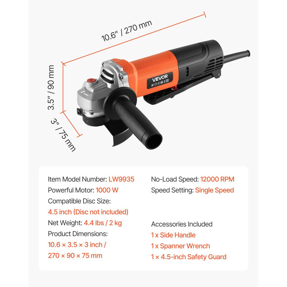 VEVOR Angle Grinder, 4-1/2" Electric Grinder Power Tool, 8Amps 12000RPM High-Speed Corded Angle Grinders with 230° Adjustable Dust Guard for Metal Grinding, Cutting, Rust Removal (Disc Not Included)