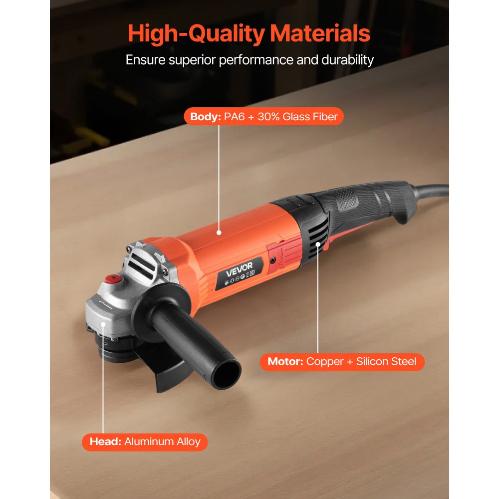 VEVOR Angle Grinder, 5" Electric Grinder Power Tool, 10Amps 10000RPM High-Speed Corded Angle Grinders with 230° Adjustable Dust Guard for Metal Grinding, Cutting, Rust Removal (Disc Not Included)