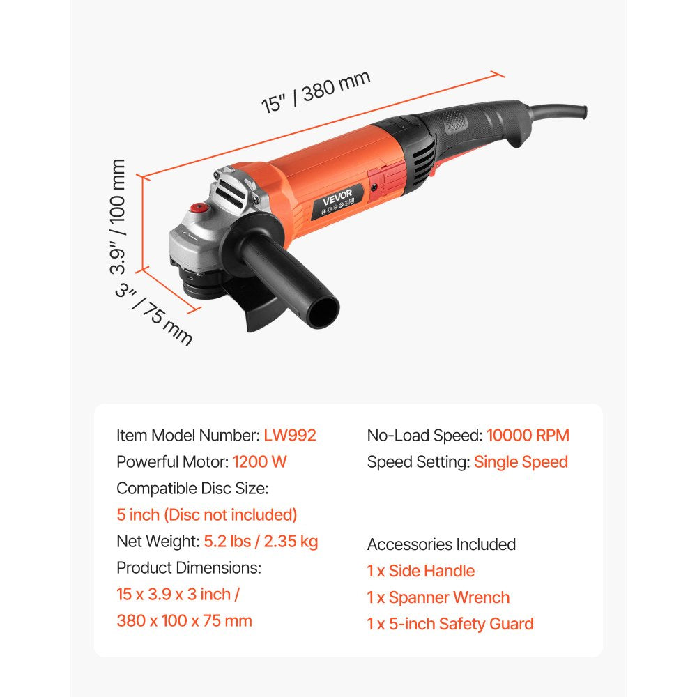VEVOR Angle Grinder, 5" Electric Grinder Power Tool, 10Amps 10000RPM High-Speed Corded Angle Grinders with 230° Adjustable Dust Guard for Metal Grinding, Cutting, Rust Removal (Disc Not Included)