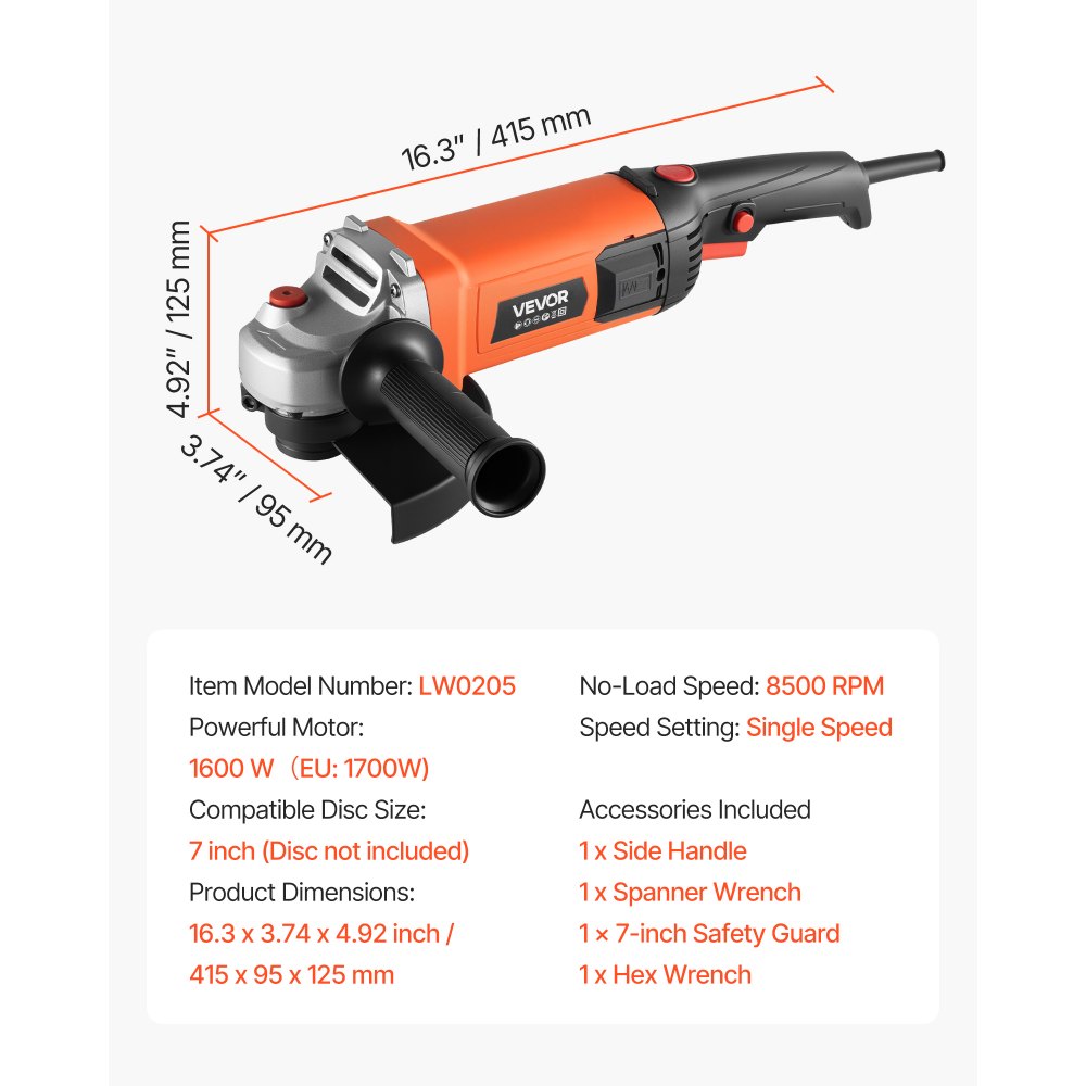 VEVOR Angle Grinder, 7" Electric Grinder Power Tool, 13Amps 8500RPM High-Speed Corded Angle Grinders with 270° Adjustable Dust Guard for Metal Grinding, Cutting, Rust Removal (Disc Not Included)