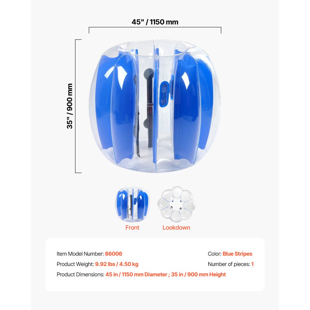 VEVOR Inflatable Bumper Balls 1-Pack, 4FT/1.2M Body Sumo Zorb Ball, Durable Thick PVC Human Hamster Bubble Knocker for Outdoor Sports Team Gaming Play, Bopper Toy for Garden Yard Park, Blue Stripes