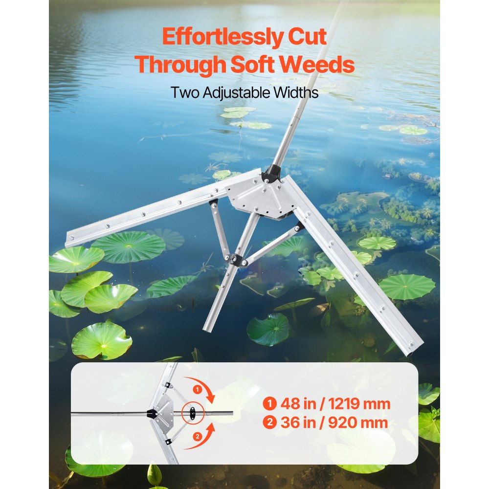 VEVOR Lake Weed Cutter, Pond Aquatic Plant Cutting Tool with 48 in Max. Cut Width, Sharp and Heavy-Duty Steel Blades, Pond Rake with 30 ft Throw Rope, for Cattail, Phragmites, Lilly Pads & Chara
