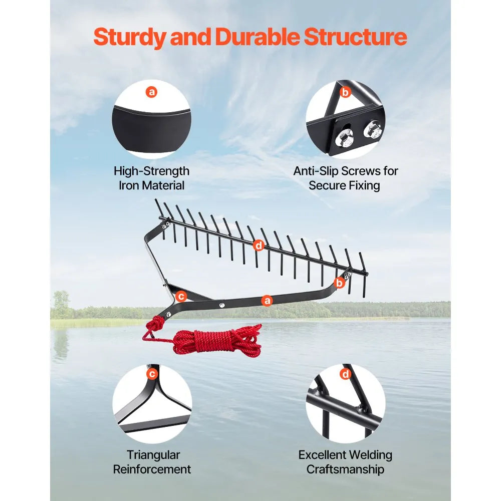 VEVOR 32 in Aquatic Weed Rake, 6.3 in Double Sided Lake Weed Rake, Lightweight  Pond Weeds Cutter with 30ft Rope, No Assembly Required, Muck Lilypad Clearing Tool for Pond, Lake, Rivulet