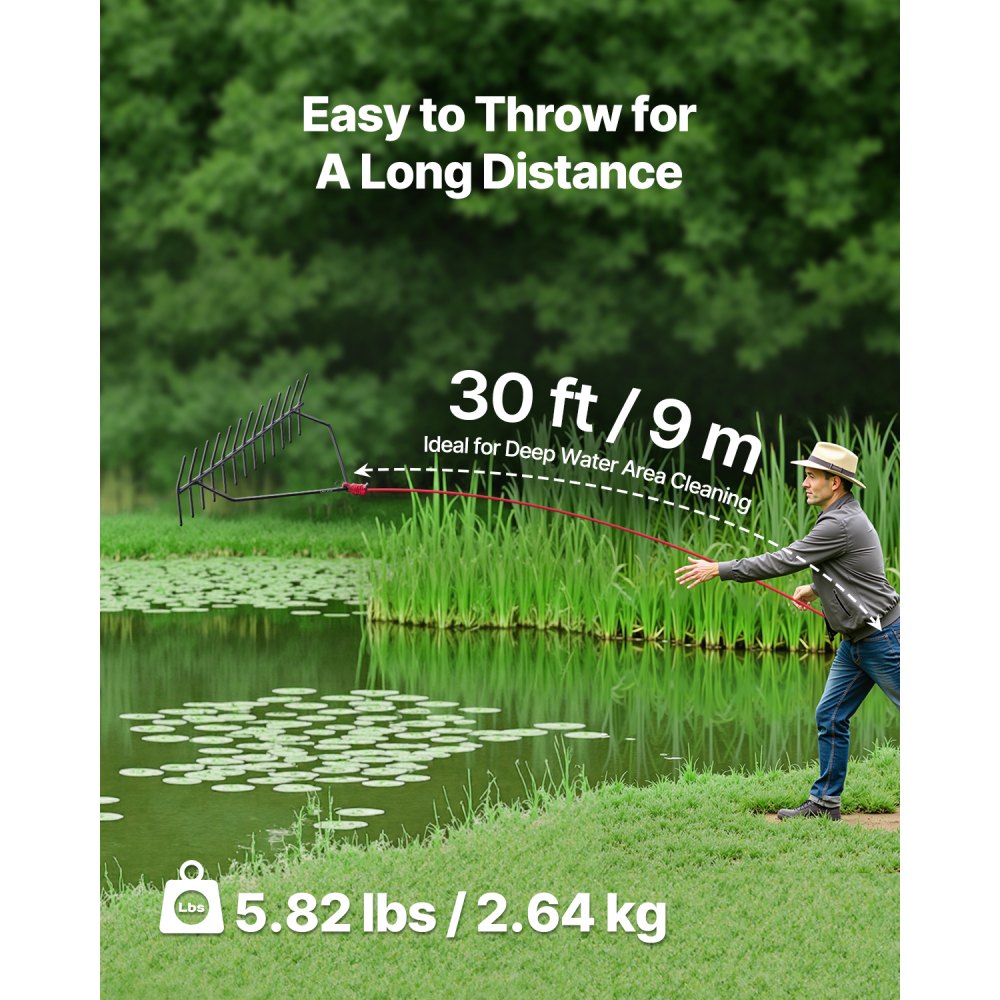VEVOR 24 in Aquatic Weed Rake, 8.7 in Double Sided Lake Weed Rake, Pond Weeds Cutter with 30ft Rope, Tie Hole, No Assembly Required, Lightweight Muck Lilypad Clearing Tool for Pond, Lake, Rivulet