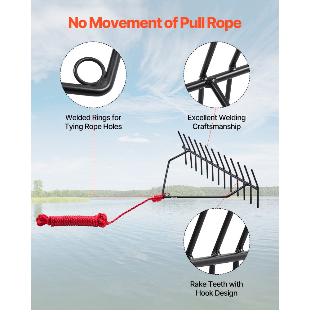 VEVOR 24 in Aquatic Weed Rake, 8.7 in Double Sided Lake Weed Rake, Pond Weeds Cutter with 30ft Rope, Tie Hole, No Assembly Required, Lightweight Muck Lilypad Clearing Tool for Pond, Lake, Rivulet