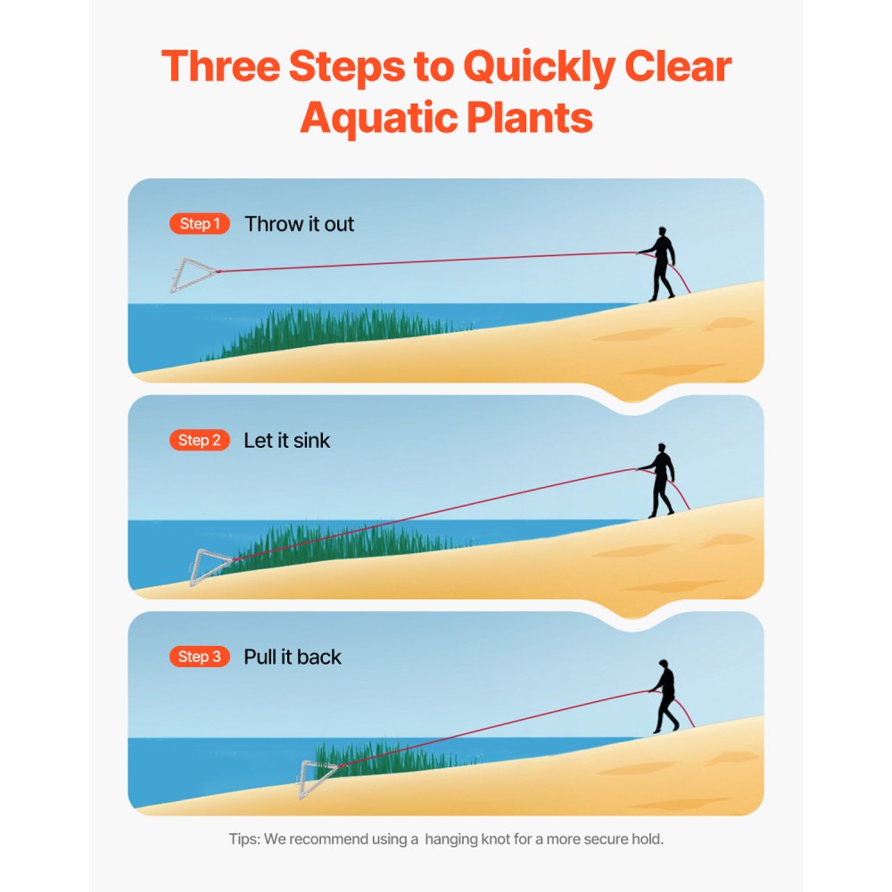 VEVOR 24in Aquatic Weed Rake, 3-Sided Lake Weed Rake with Handle, Portable and Foldable Pond Water Grass Razor, Stainless Steel Throwable Floating Pond Weeds Cutter with 30 ft Rope, for Lakes Ponds