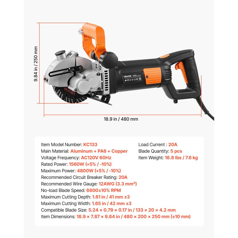 VEVOR Wall Chaser, 4800W Electric Wall Groove Cutting Machine, 6800 RPM Max Speed, Concrete Slotting Cutter with Guide Line, 5 pcs Blades, Adjustable Handle for Cutting Grooves in Brick, Concrete