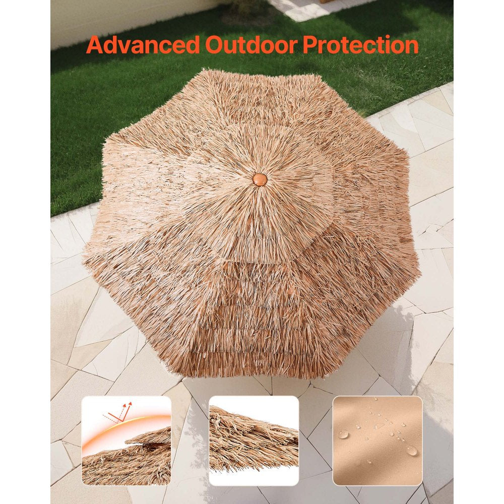 VEVOR Tiki Umbrella, 9 ft Thatched Patio Umbrella with Tilt, 2-Tier Hawaiian Style Beach Parasol with PP Thatch and 8 Metal Ribs, Grass Pool Umbrellas for Beach, Patio, Poolside, Backyard & Garden
