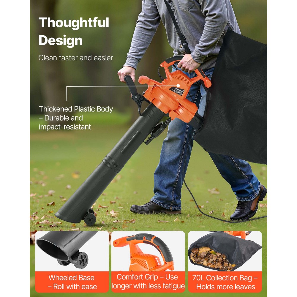 VEVOR Electric Leaf Blower, 12 Amp, 250 MPH, 400 CFM, 3 in 1 Handheld Blower Vacuum & Mulcher for Lawn Care, 2-Speed Lightweight Portable with Bag and Wheeled Base for Yard Patio Outdoor, Corded