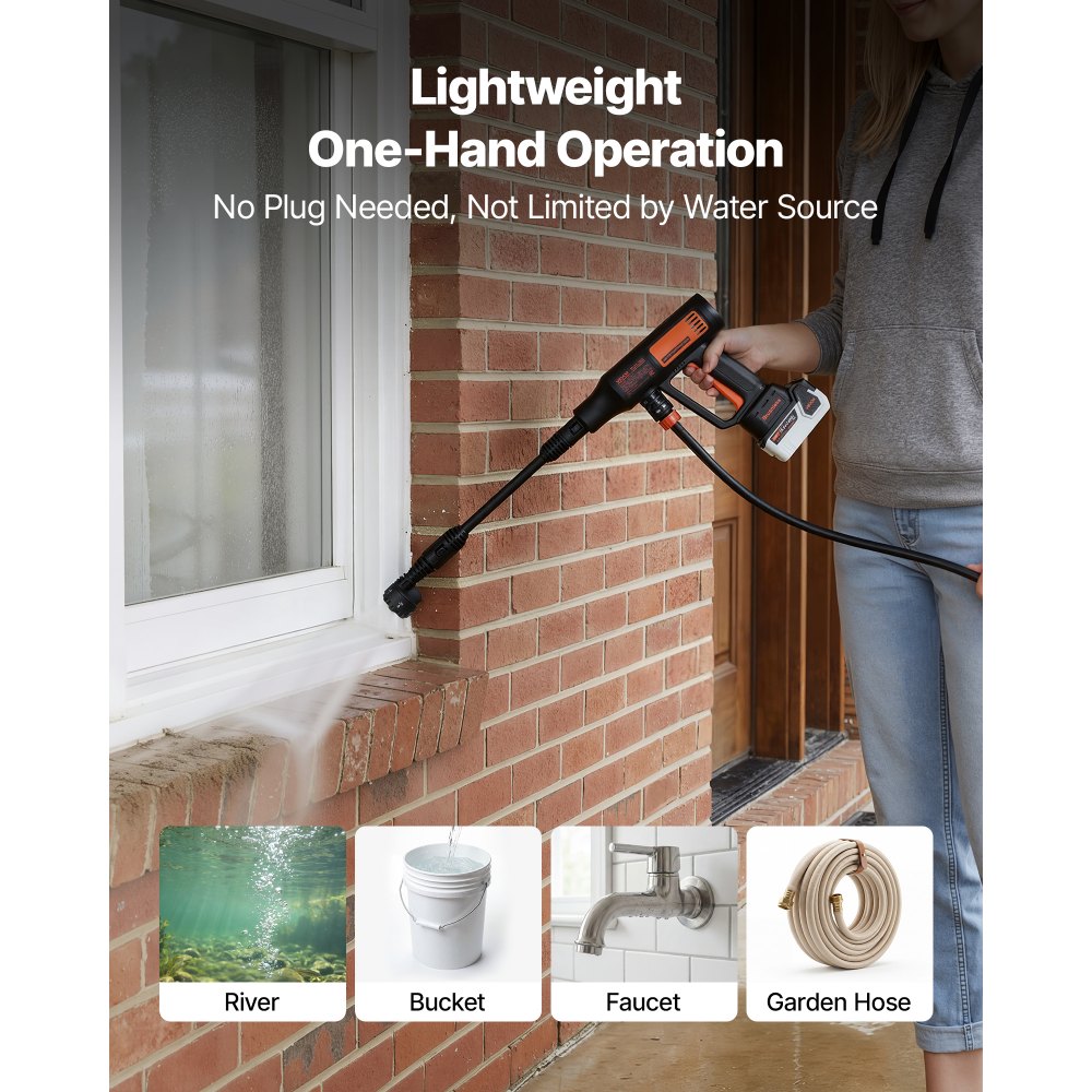 VEVOR Cordless Pressure Washer, 1200PSI MAX Portable Pressure Washer with Brushless Motor, Dual Batteries, 6-in-1 Nozzle & Water Hose, 4 Speed Adjustable, Handheld Power Cleaner for Home Garden Patio