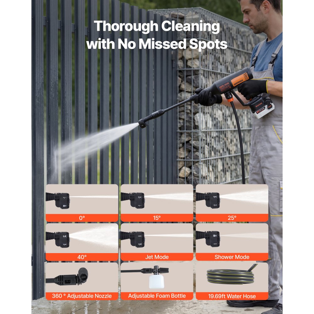 VEVOR Cordless Pressure Washer, 1200PSI MAX Portable Pressure Washer with Brushless Motor, Dual Batteries, 6-in-1 Nozzle & Water Hose, 4 Speed Adjustable, Handheld Power Cleaner for Home Garden Patio