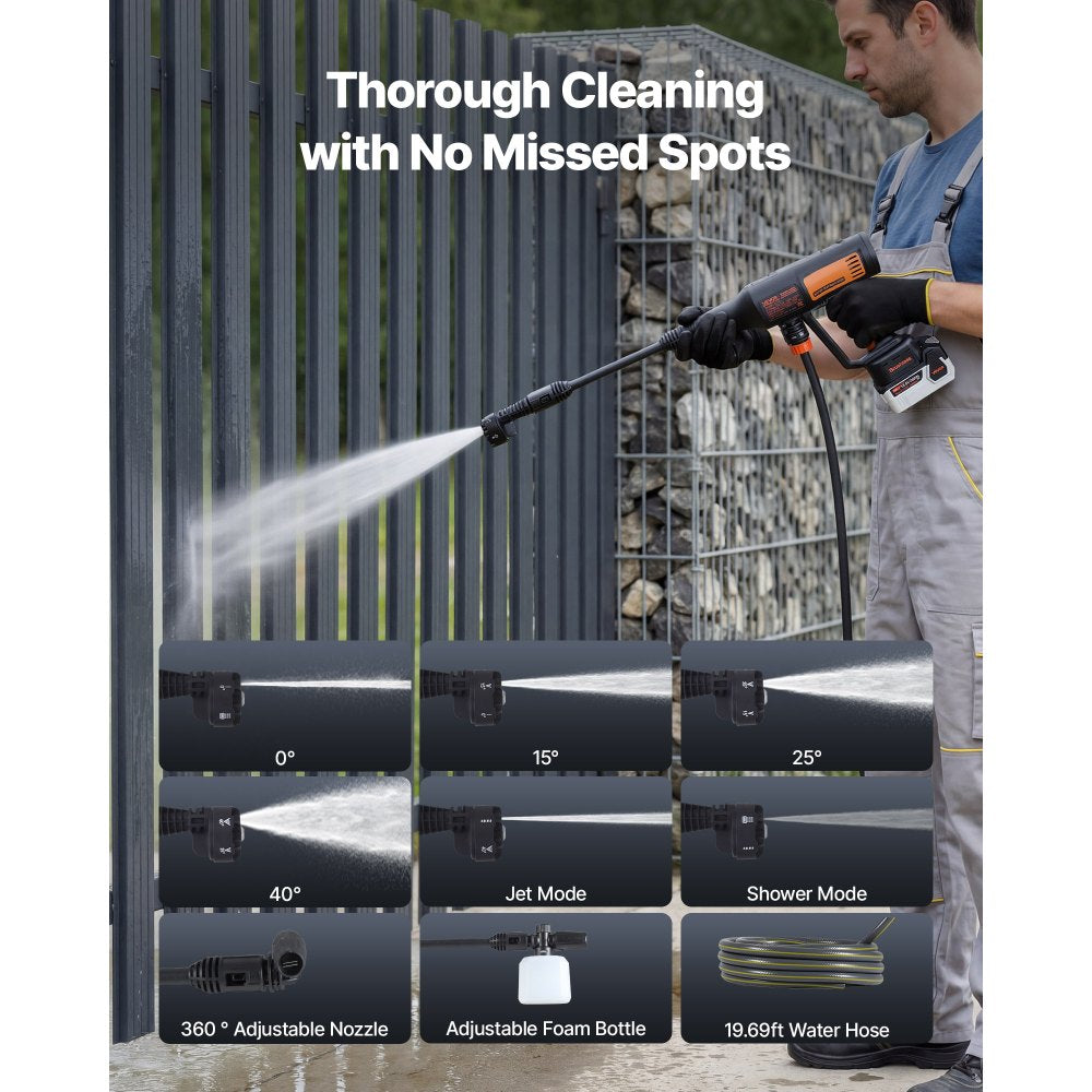 VEVOR Cordless Pressure Washer, 1200PSI MAX Portable Pressure Washer with Brushless Motor,  6-in-1 Nozzle & Water Hose, 4 Speed Adjustable, Battery Powered Handheld Power Cleaner for Home Garden Patio