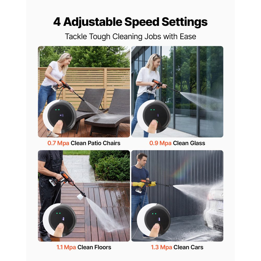 VEVOR Cordless Pressure Washer, 1200PSI MAX Portable Pressure Washer with Brushless Motor,  6-in-1 Nozzle & Water Hose, 4 Speed Adjustable, Battery Powered Handheld Power Cleaner for Home Garden Patio