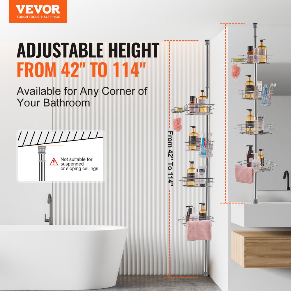VEVOR Shower Corner Caddy Tension Pole, 42" to 114" High, Multi-Functional Shower Tension Pole with Strong Load-Bearing Tray, Rust-Proof Easy-to-Install Tension Pole, Fit for Bathroom & Washroom