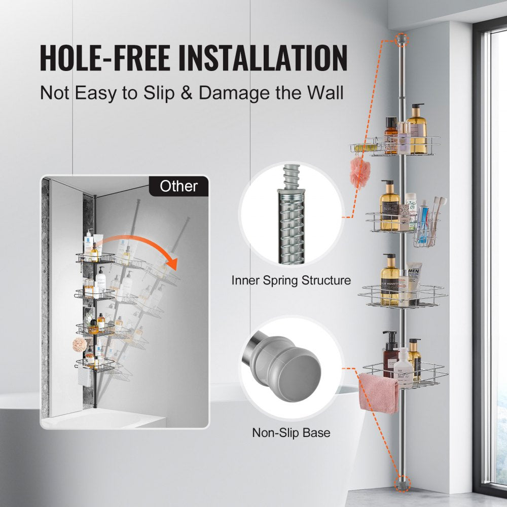 VEVOR Shower Corner Caddy Tension Pole, 42" to 114" High, Multi-Functional Shower Tension Pole with Strong Load-Bearing Tray, Rust-Proof Easy-to-Install Tension Pole, Fit for Bathroom & Washroom