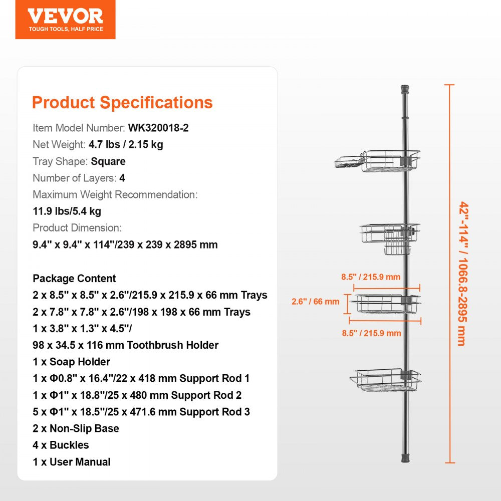 VEVOR Shower Corner Caddy Tension Pole, 42" to 114" High, Multi-Functional Shower Tension Pole with Strong Load-Bearing Tray, Rust-Proof Easy-to-Install Tension Pole, Fit for Bathroom & Washroom