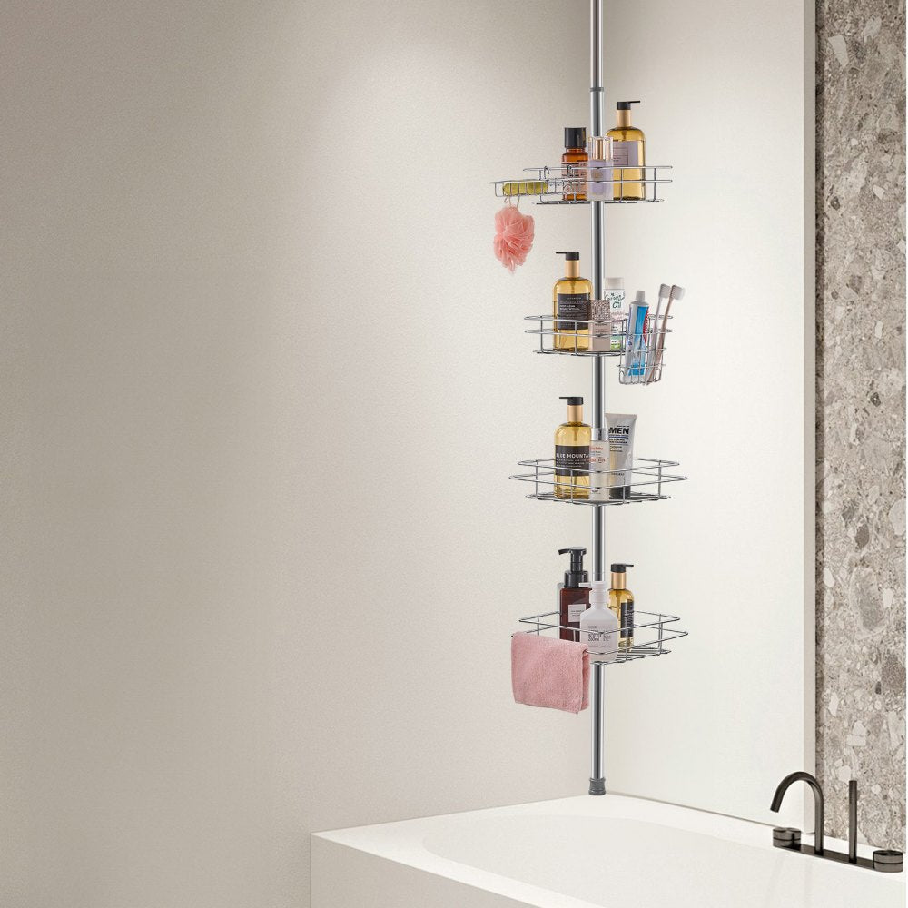 VEVOR Shower Corner Caddy Tension Pole, 42" to 114" High, Multi-Functional Shower Tension Pole with Strong Load-Bearing Tray, Rust-Proof Easy-to-Install Tension Pole, Fit for Bathroom & Washroom