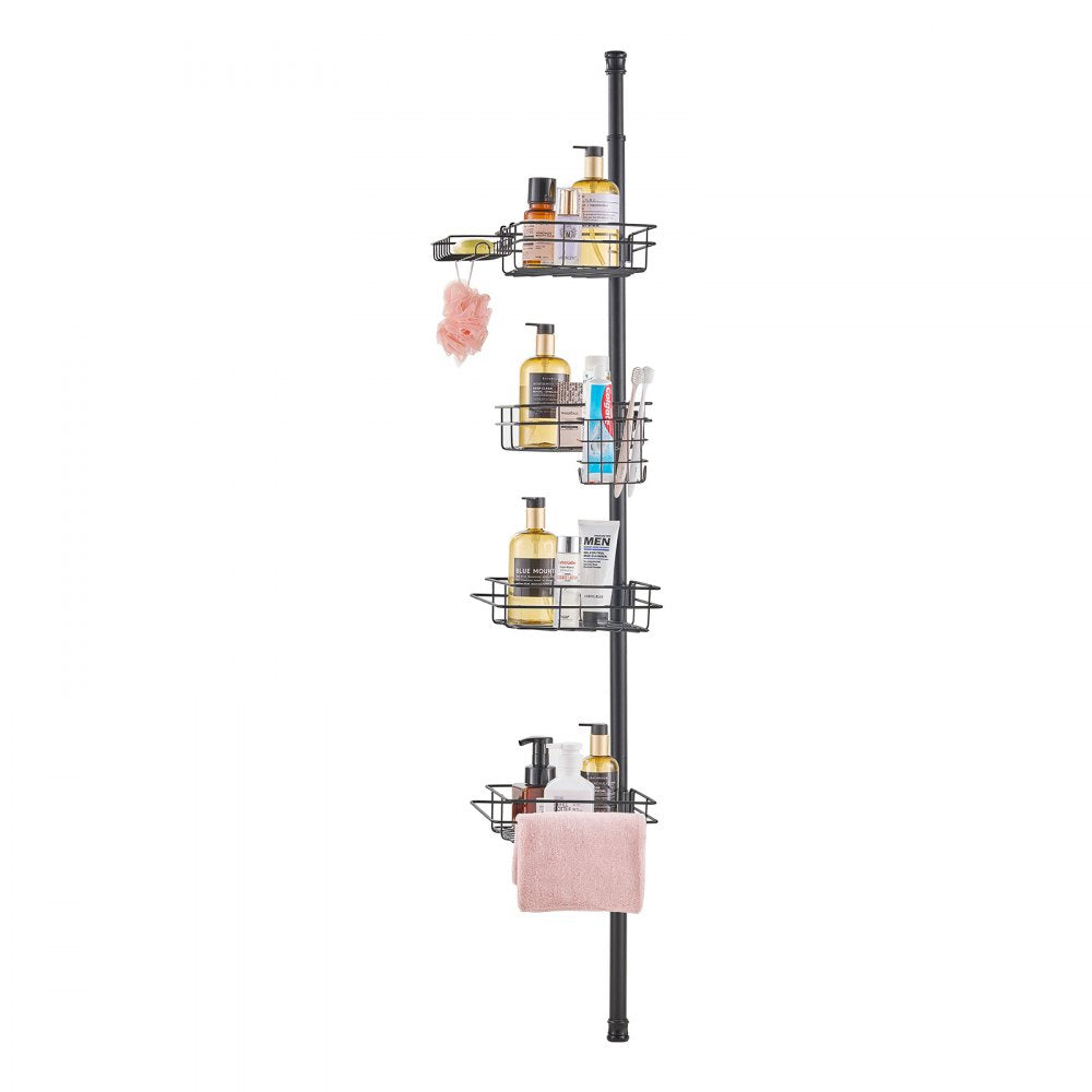 VEVOR Shower Corner Caddy Tension Pole, 42" to 114" High, Multi-Functional Shower Tension Pole with Strong Load-Bearing Tray, Rust-Proof Easy-to-Install Tension Pole, Fit for Bathroom & Washroom