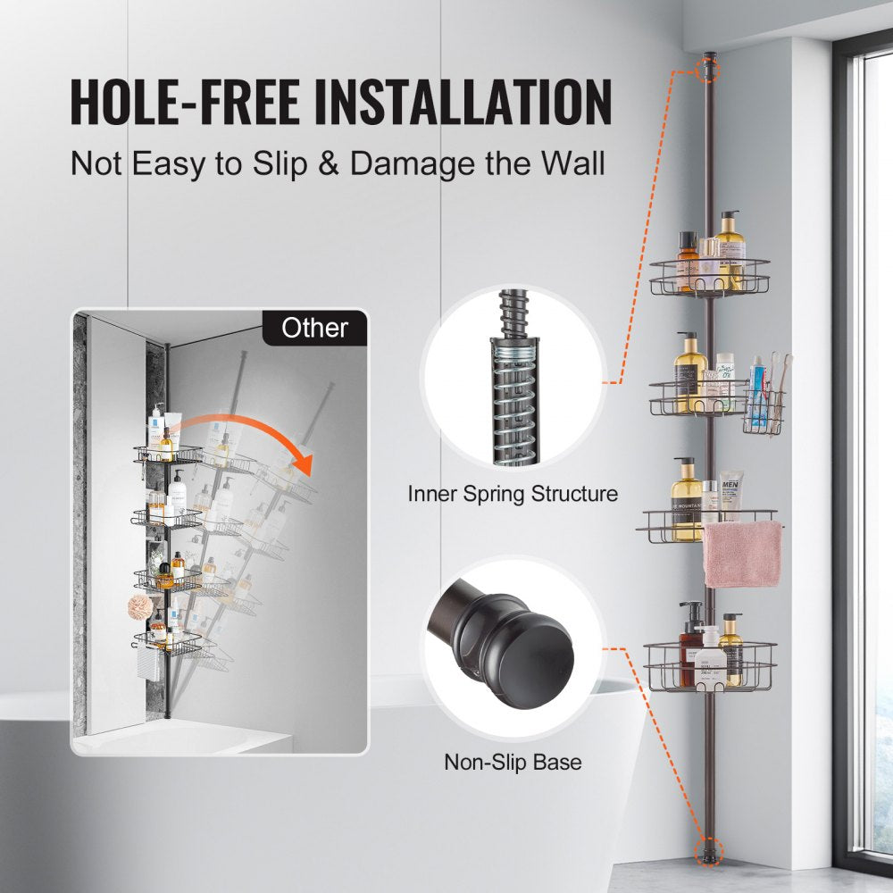 VEVOR Shower Corner Caddy Tension Pole, 56" to 114" High, Multi-Functional Shower Tension Pole with Strong Load-Bearing Tray, Rust-Proof Easy-to-Install Tension Pole, Fit for Bathroom & Washroom