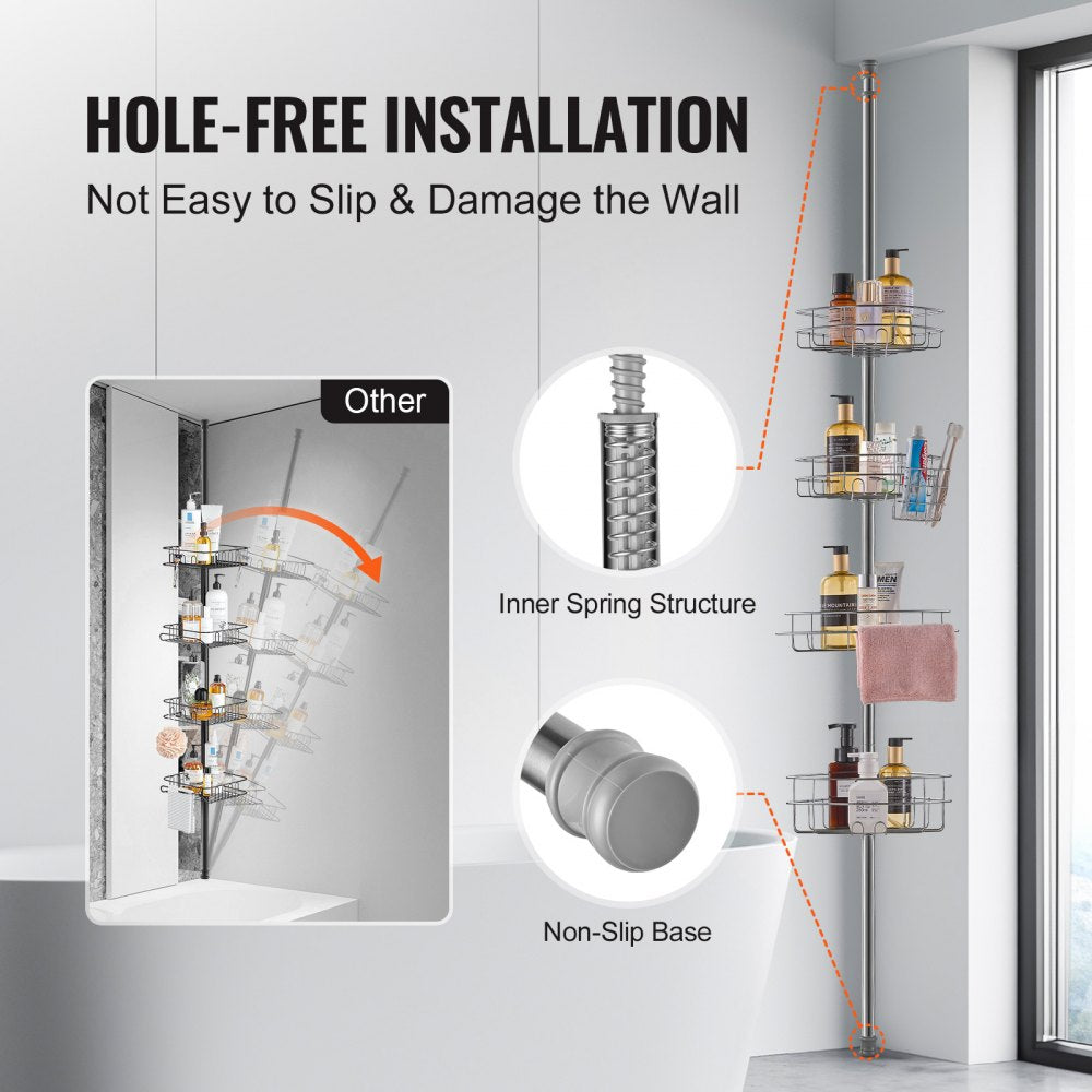VEVOR Shower Corner Caddy Tension Pole, 56" to 114" High, Multi-Functional Shower Tension Pole with Strong Load-Bearing Tray, Rust-Proof Easy-to-Install Tension Pole, Fit for Bathroom & Washroom