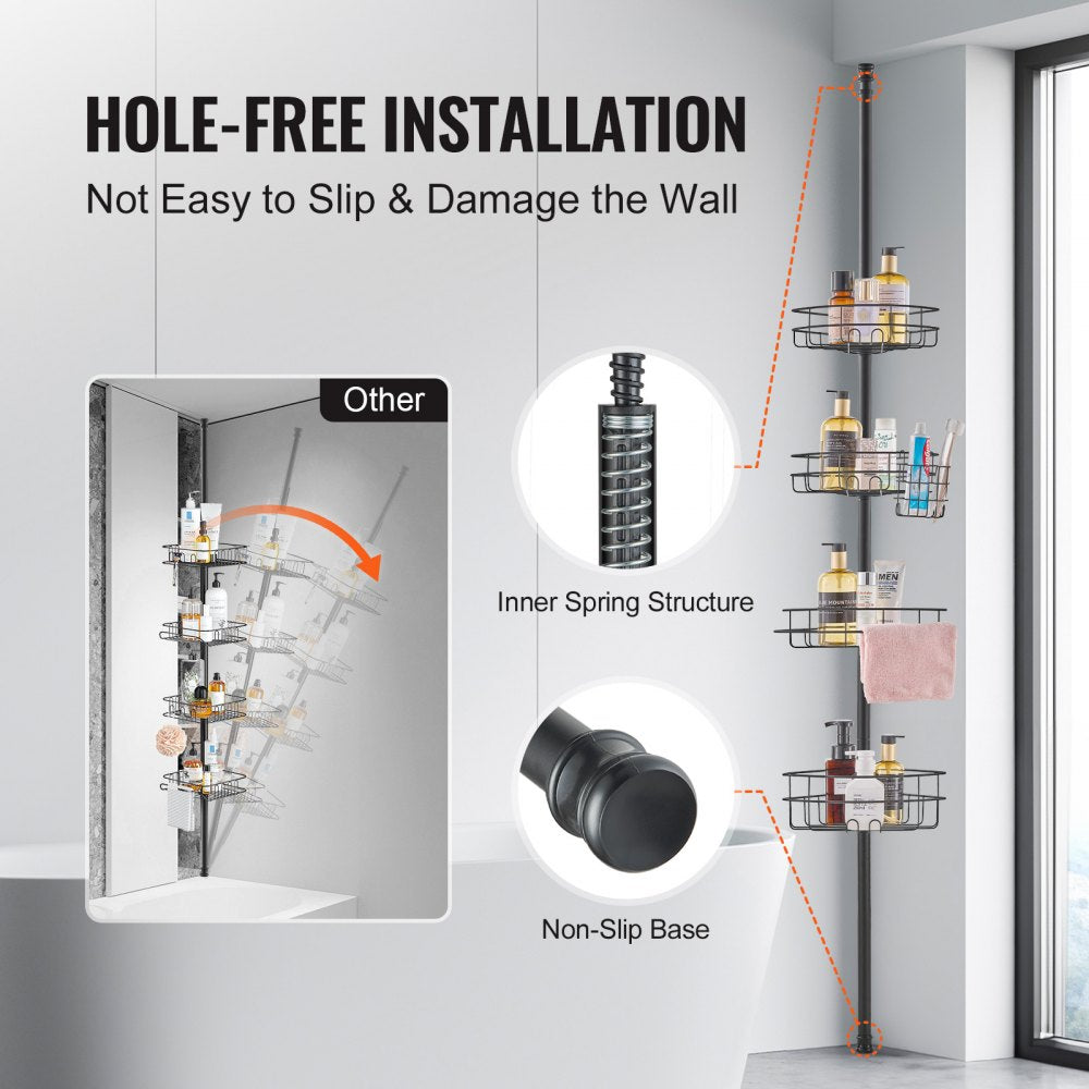 VEVOR Shower Corner Caddy Tension Pole, 56" to 114" High, Multi-Functional Shower Tension Pole with Strong Load-Bearing Tray, Rust-Proof Easy-to-Install Tension Pole, Fit for Bathroom & Washroom