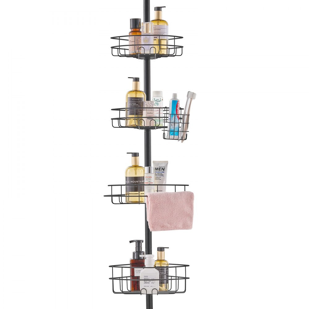 VEVOR Shower Corner Caddy Tension Pole, 56" to 114" High, Multi-Functional Shower Tension Pole with Strong Load-Bearing Tray, Rust-Proof Easy-to-Install Tension Pole, Fit for Bathroom & Washroom