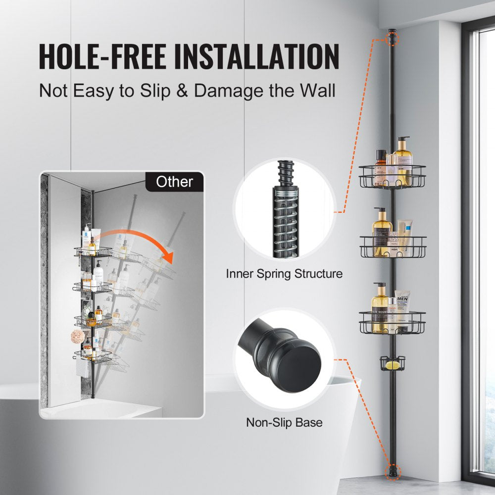 VEVOR Shower Corner Caddy Tension Pole, 39" to 125" High, Multi-Functional Shower Tension Pole with Strong Load-Bearing Tray, Rust-Proof Easy-to-Install Tension Pole, Fit for Bathroom & Washroom