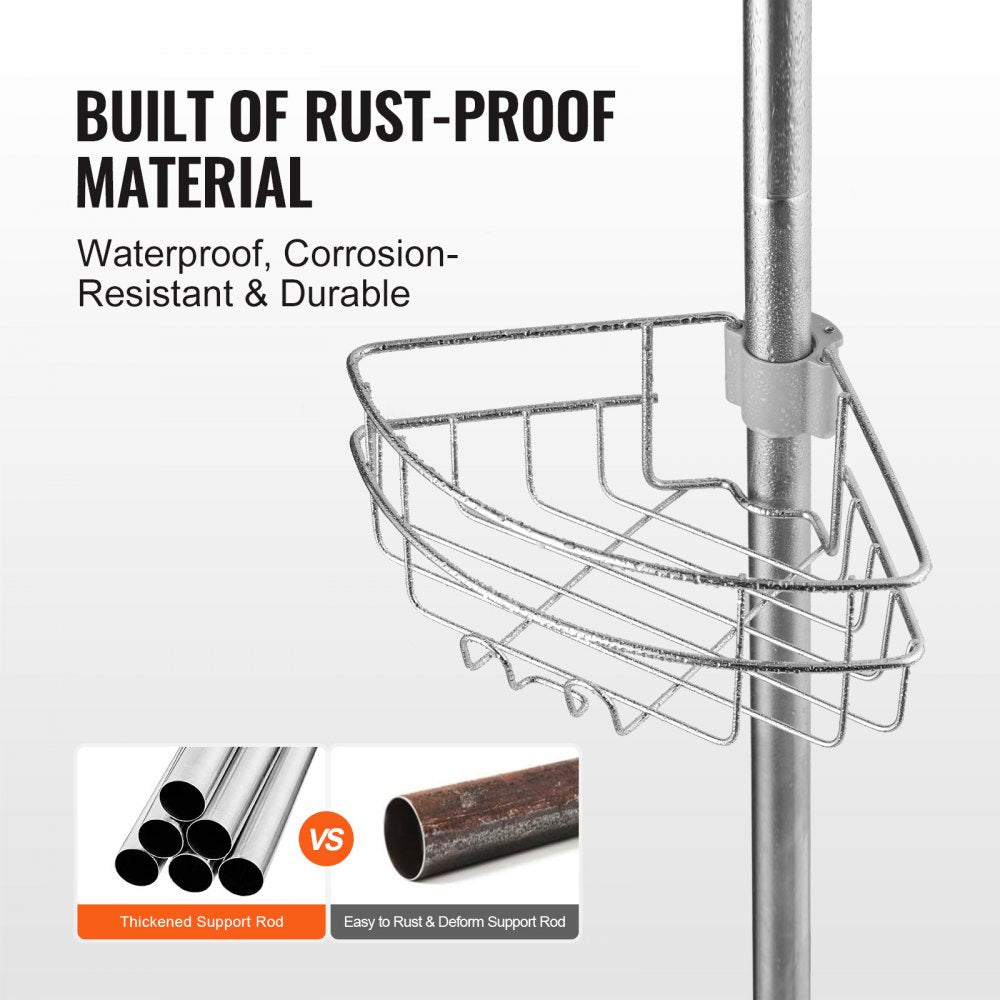 VEVOR Shower Corner Caddy Tension Pole, 39" to 125" High, Multi-Functional Shower Tension Pole with Strong Load-Bearing Tray, Rust-Proof Easy-to-Install Tension Pole, Fit for Bathroom & Washroom