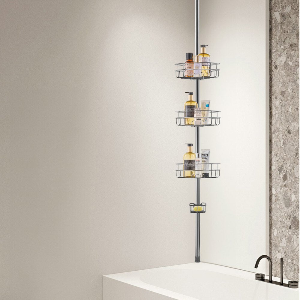 VEVOR Shower Corner Caddy Tension Pole, 39" to 125" High, Multi-Functional Shower Tension Pole with Strong Load-Bearing Tray, Rust-Proof Easy-to-Install Tension Pole, Fit for Bathroom & Washroom