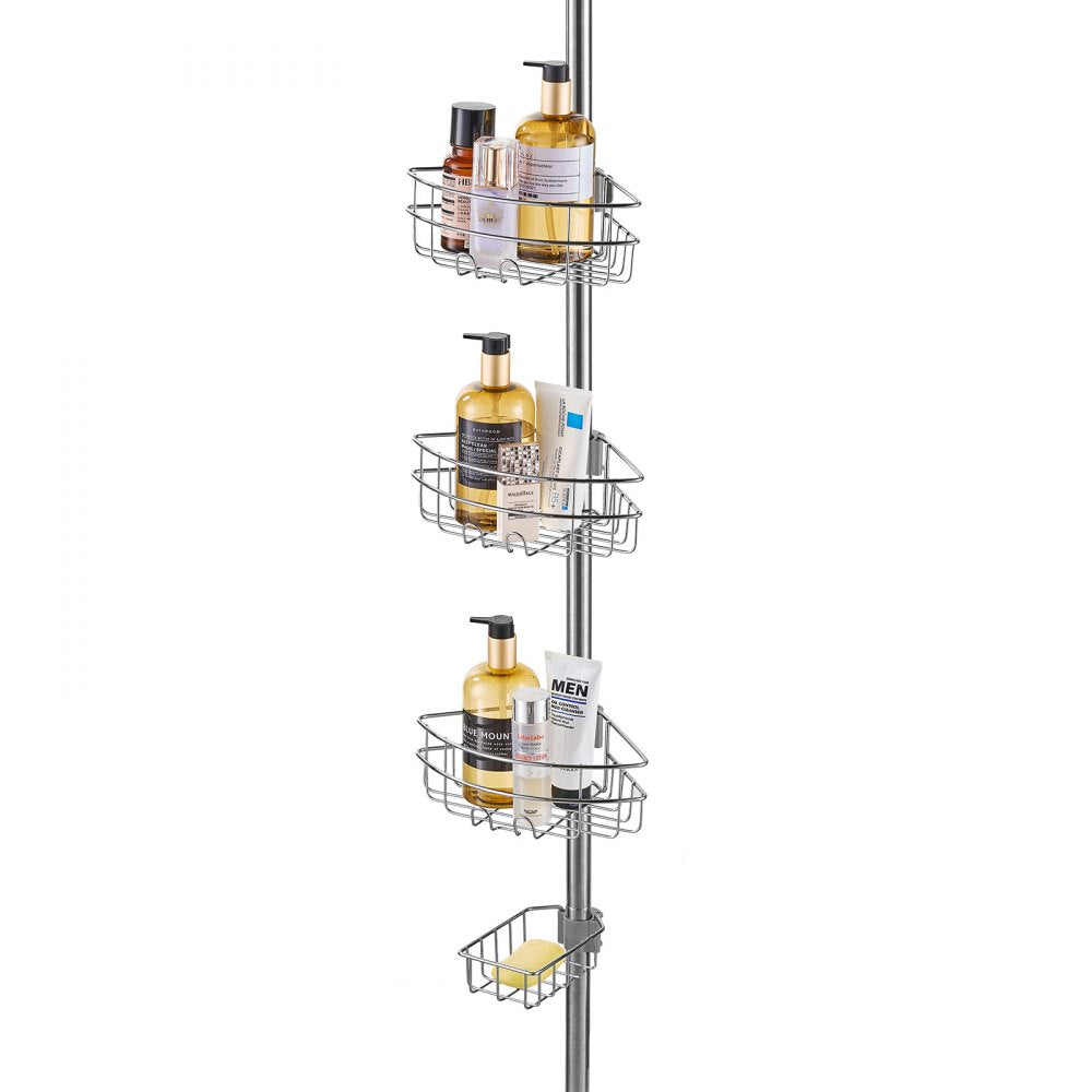 VEVOR Shower Corner Caddy Tension Pole, 39" to 125" High, Multi-Functional Shower Tension Pole with Strong Load-Bearing Tray, Rust-Proof Easy-to-Install Tension Pole, Fit for Bathroom & Washroom