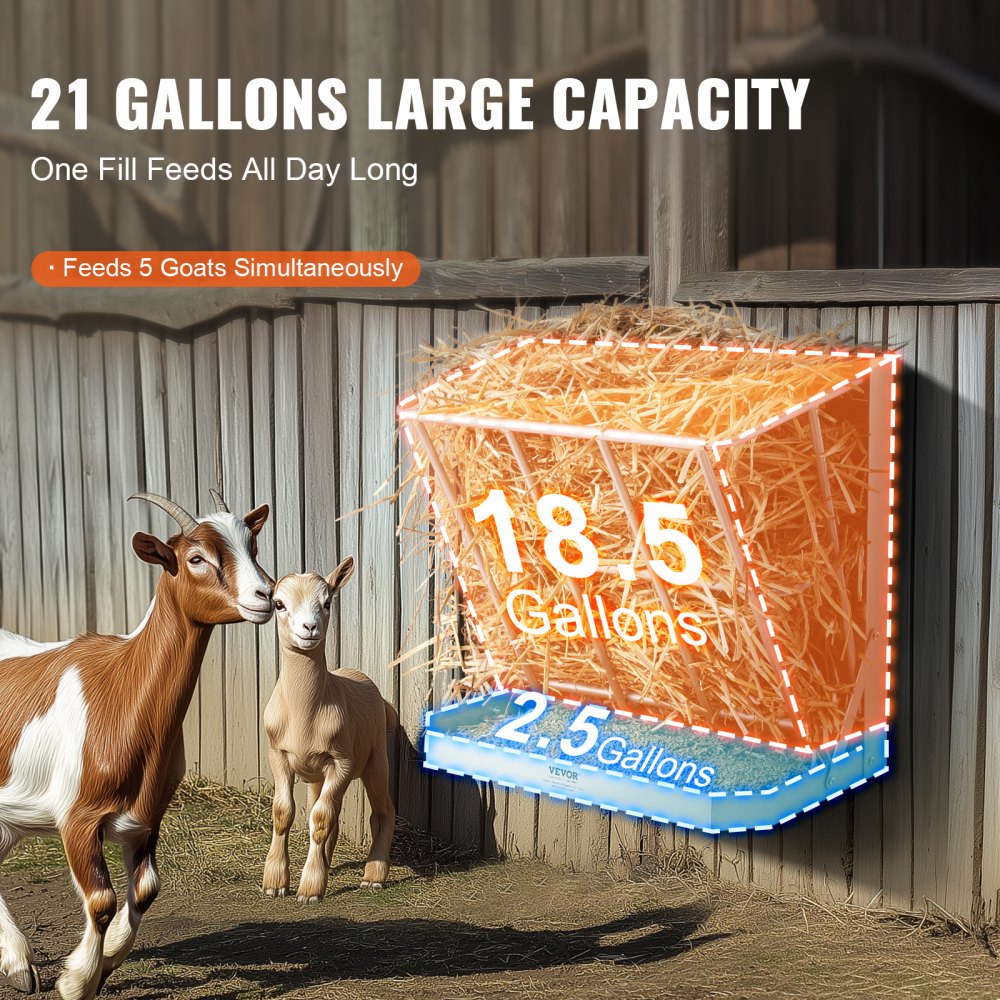 VEVOR Goat Hay Feeder, 21 Gallons Large Capacity, 2 in 1 Hay and Grain Feeder, Wall Mounted Livestock Feeder with Feed Tray, Multiple Sided Goat Hay Rack, Sturdy Steel Hay Rack for Sheep Horses