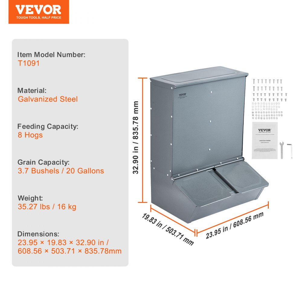 VEVOR Hog Feeder, 3.7 Bushel Capacity, Double Door Pig Feeder, Heavy Duty Steel Piglets Feeder, Multipurpose Trough Creep Feeder, Outdoor Livestock Feeder Farm Accessory for Feeding up to 8 Hogs