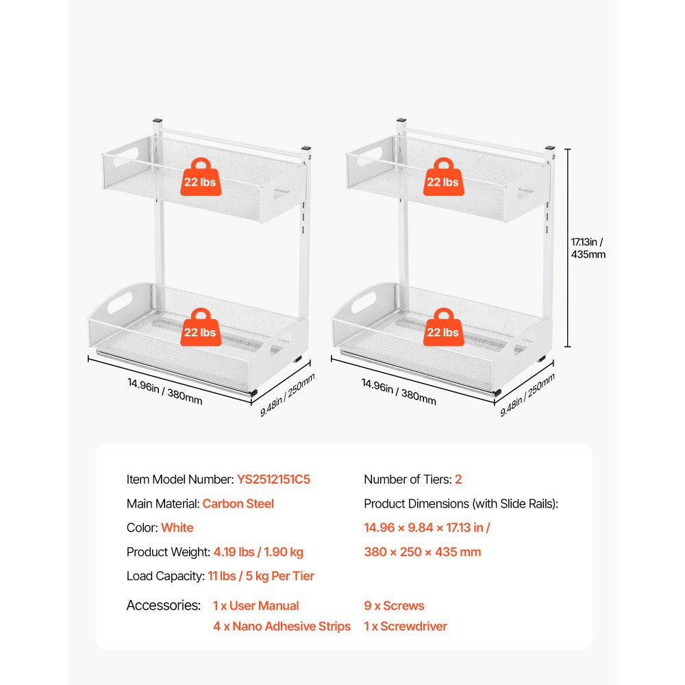 VEVOR Under Sink Organizer, 2 Pack 2-Tier Pull Out Cabinet Organizer with 4-Level Height Adjustment, Metal Slide Out Shelf, Multi-Purpose Cabinet Organizers and Storage for Bathroom & Kitchen, White