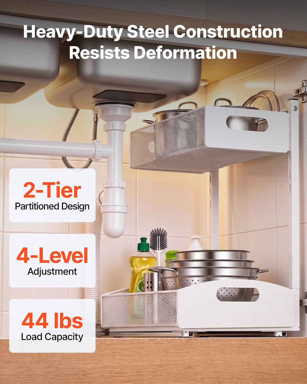 VEVOR Under Sink Organizer, 2 Pack 2-Tier Pull Out Cabinet Organizer with 4-Level Height Adjustment, Metal Slide Out Shelf, Multi-Purpose Cabinet Organizers and Storage for Bathroom & Kitchen, White