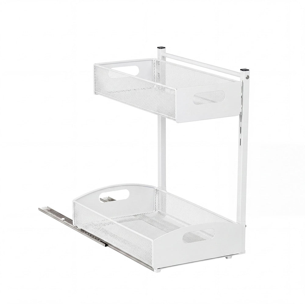 VEVOR Under Sink Organizer, 2 Pack 2-Tier Pull Out Cabinet Organizer with 4-Level Height Adjustment, Metal Slide Out Shelf, Multi-Purpose Cabinet Organizers and Storage for Bathroom & Kitchen, White