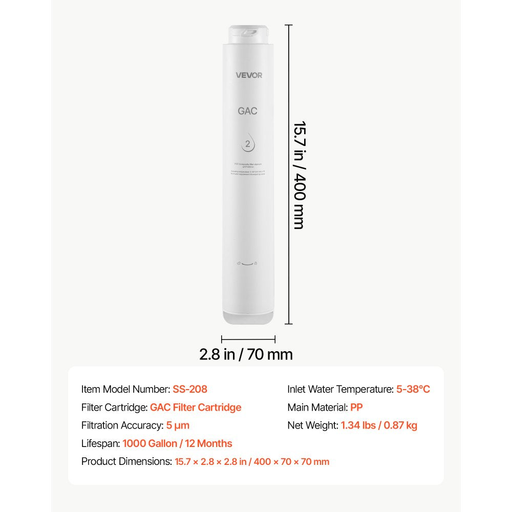 VEVOR Reverse Osmosis System GAC Activated Carbon Replacement Filter for RO, Easy Replacement for 12 Months, Reduces Discoloration and Odor, Fits RO System SS-201/SS-202/SS-203/SS-204/SS-205/SS-206