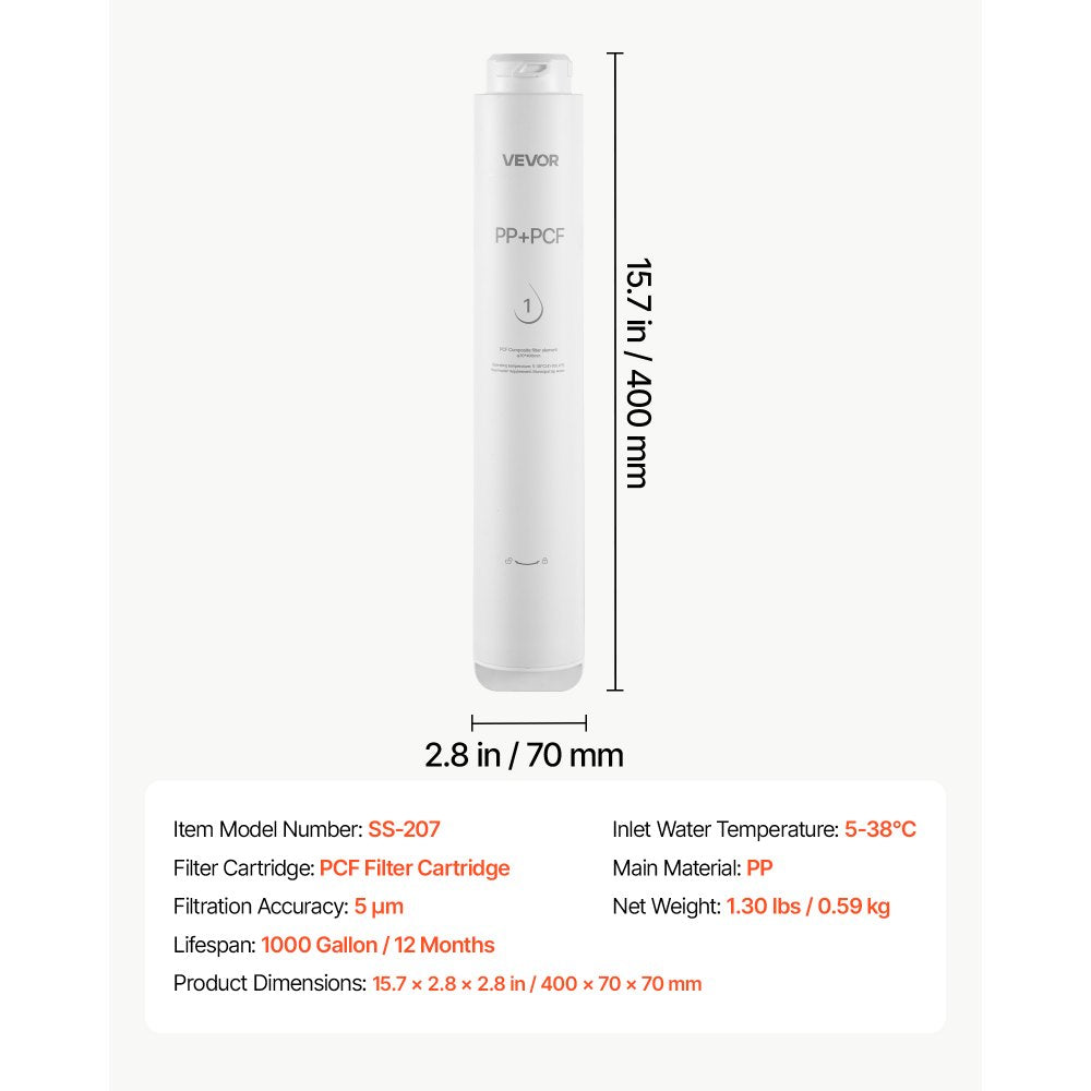 VEVOR Reverse Osmosis System PCF Pre-Composite Replacement Filter Cartridge, Easy Replacement for 12 Months, Reduces Chlorine, Compatible with RO System SS-201/SS-202/SS-203/SS-204/SS-205/SS-206 Units