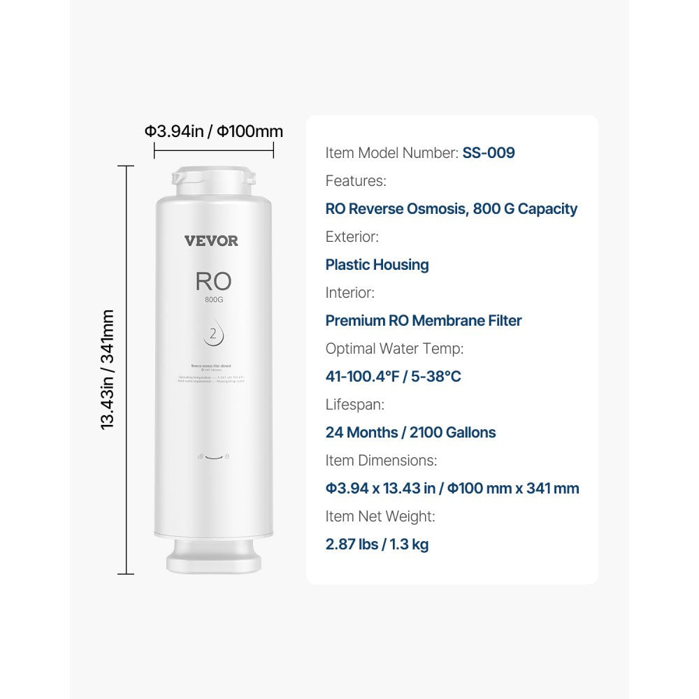 VEVOR Reverse Osmosis System, 800 GPD 11-stage Reverse Osmosis Water Filter Replacement, RO Filter Cartridge for 24 Months, Reduces Lead & Chlorine, Compatible with SS-005 Under Sink Water Filter