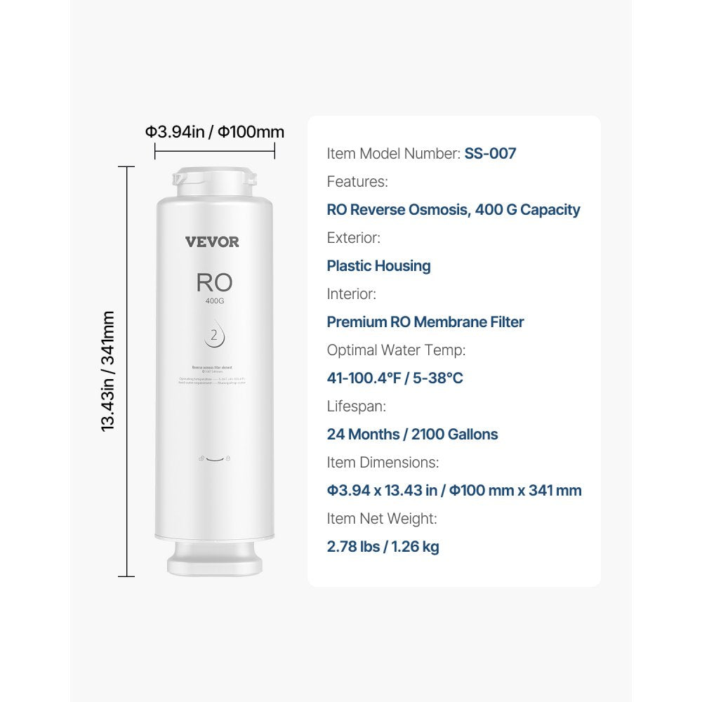 VEVOR Reverse Osmosis System, 400 GPD 9-stage Reverse Osmosis Water Filter Replacement, RO Filter Cartridge for 24 Months, Reduces Lead, Chlorine, Rust, Compatible with SS-001 Under Sink Water Filter