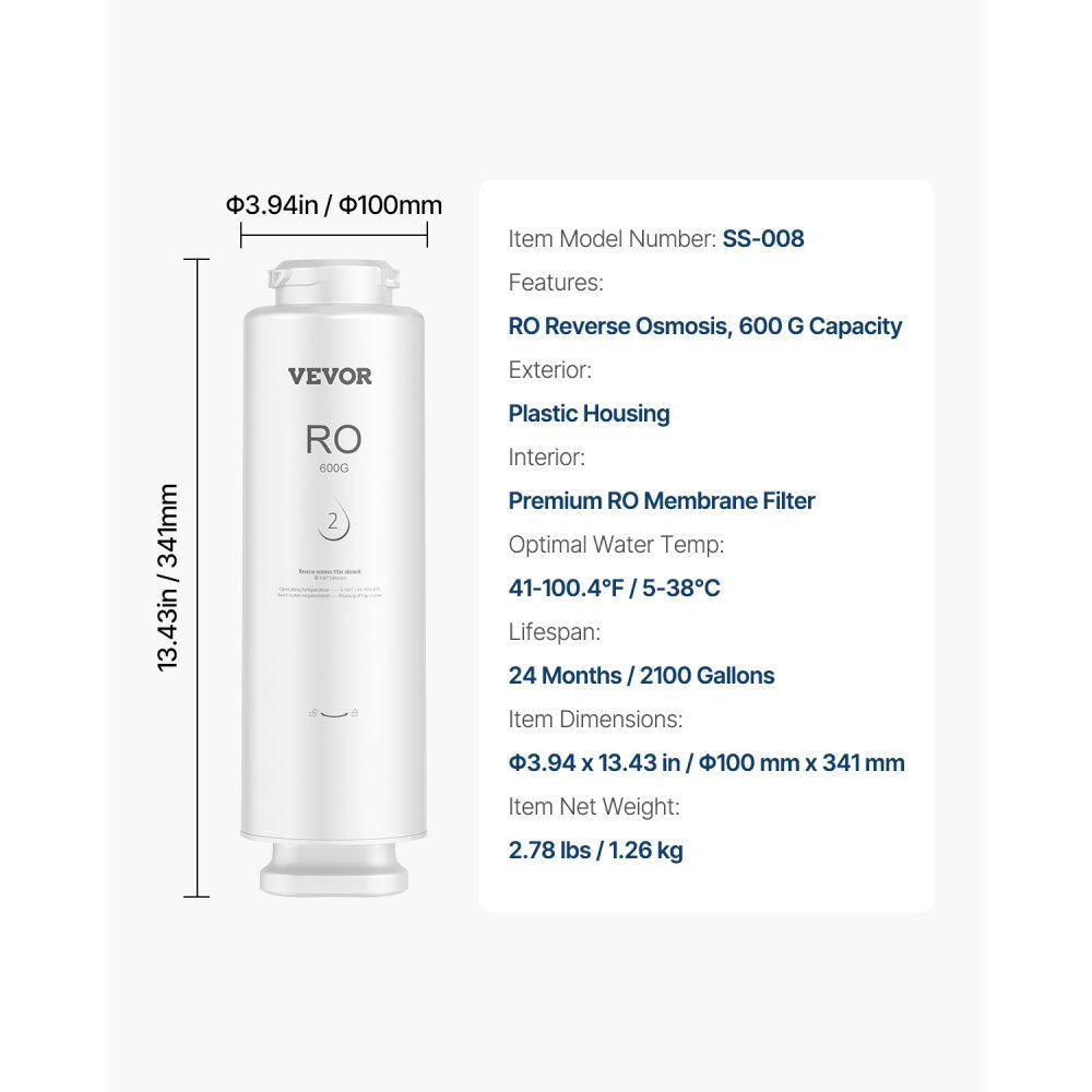 VEVOR Reverse Osmosis System, 600 GPD 10-stage Reverse Osmosis Water Filter Replacement, RO Filter Cartridge for 24 Months, Reduces Lead & Chlorine, Compatible with SS-003 Under Sink Water Filter