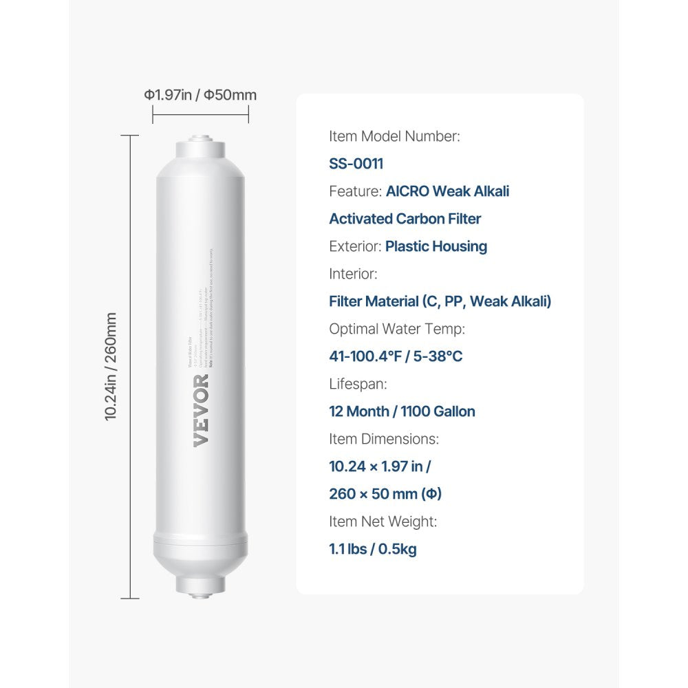 VEVOR Remineralization Filter, 1100 Gallons Remineralization Water Filter Replacement, 1/4" Quick Connect Mineral Filter, Restore Essential Minerals for Water Purifier, Under Sink Water Filter System
