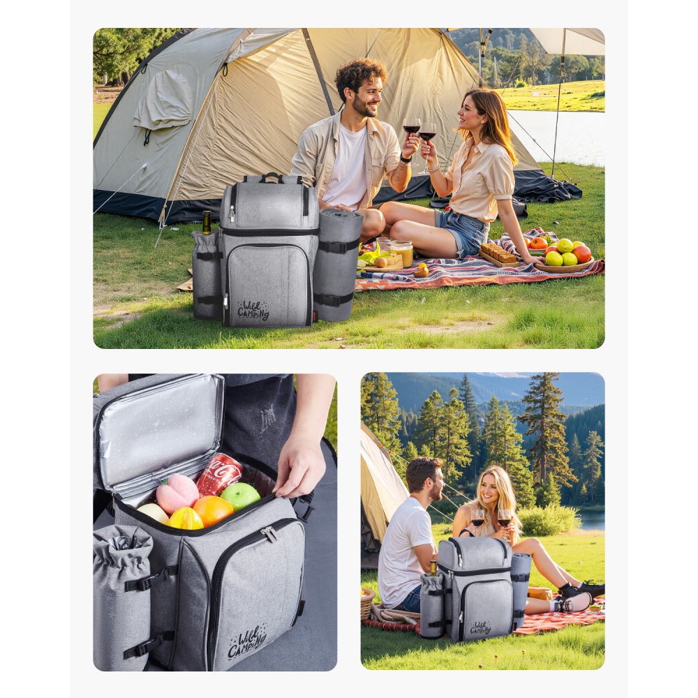VEVOR Picnic Backpack, Beach Picnic Backpack Bag for 4 Person with Insulated Cooler Compartment, Detachable Bottle/Wine Holder, Lightweight Blanket, Plates and Cutlery Set for Hiking & Camping, Grey