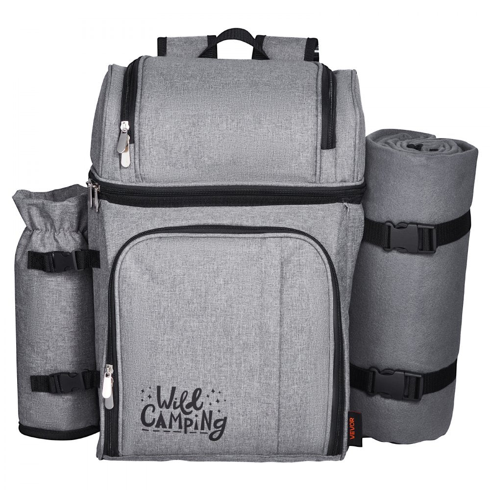 VEVOR Picnic Backpack, Beach Picnic Backpack Bag for 4 Person with Insulated Cooler Compartment, Detachable Bottle/Wine Holder, Lightweight Blanket, Plates and Cutlery Set for Hiking & Camping, Grey