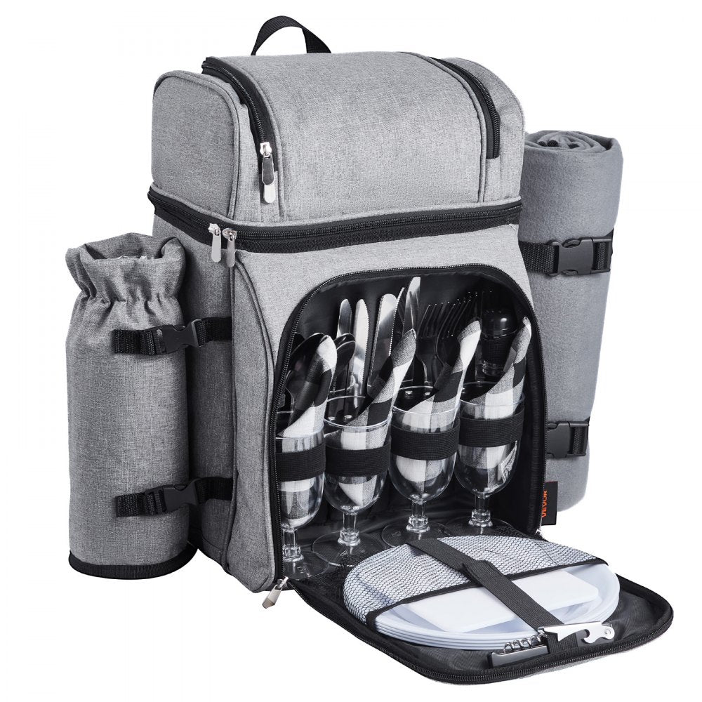 VEVOR Picnic Backpack, Beach Picnic Backpack Bag for 4 Person with Insulated Cooler Compartment, Detachable Bottle/Wine Holder, Lightweight Blanket, Plates and Cutlery Set for Hiking & Camping, Grey