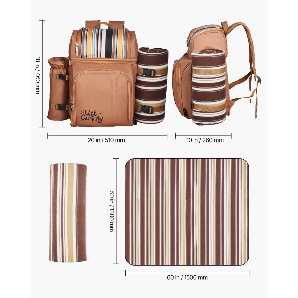 VEVOR Picnic Backpack, Beach Picnic Backpack Bag for 4 Person with Insulated Cooler Compartment, Detachable Bottle/Wine Holder, Lightweight Blanket, Plates and Cutlery Set for Hiking & Camping, Brown