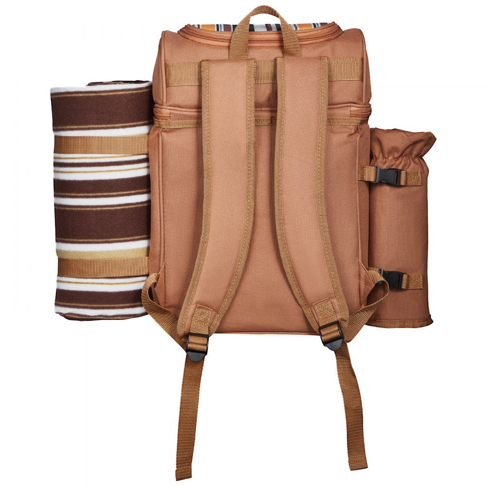 VEVOR Picnic Backpack, Beach Picnic Backpack Bag for 4 Person with Insulated Cooler Compartment, Detachable Bottle/Wine Holder, Lightweight Blanket, Plates and Cutlery Set for Hiking & Camping, Brown