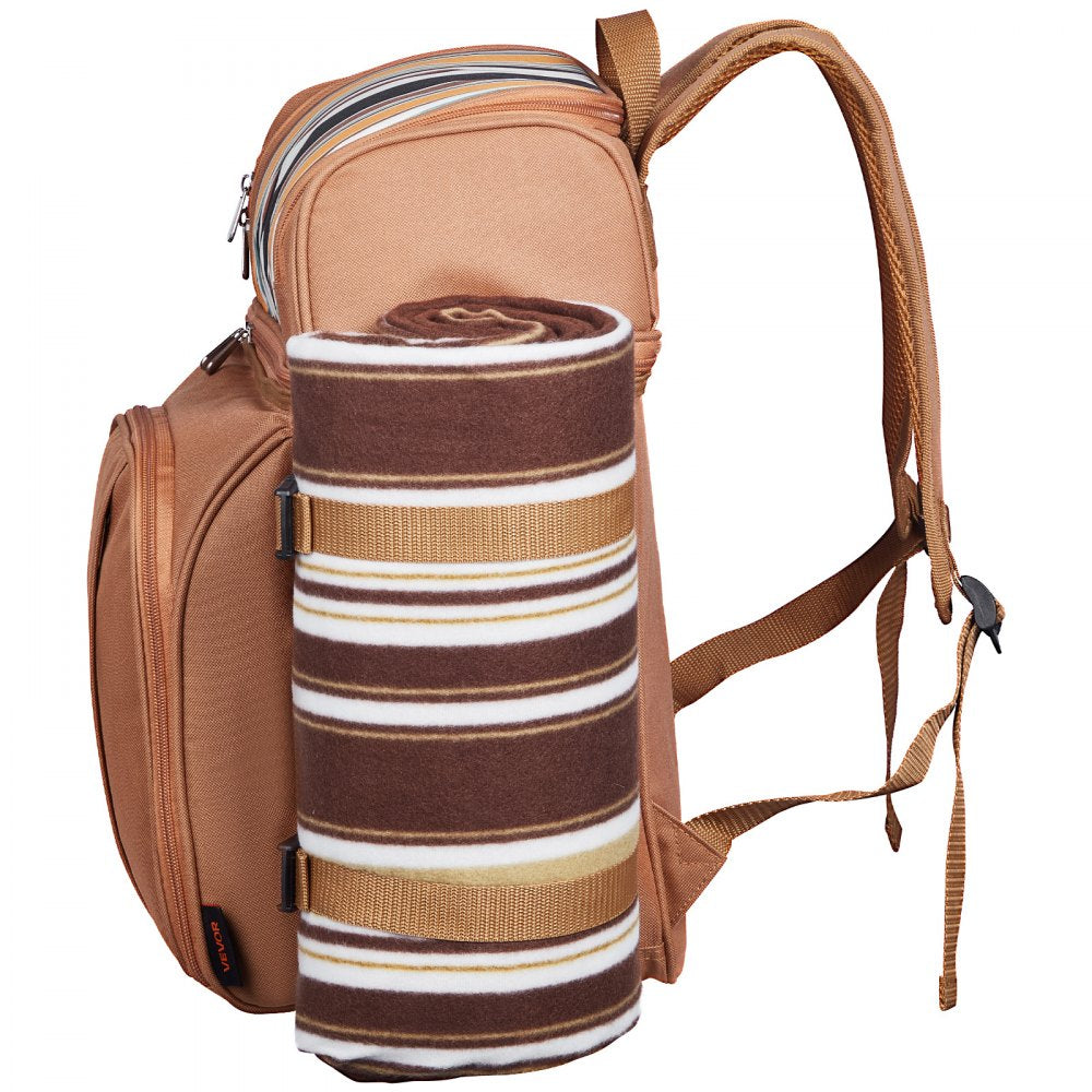 VEVOR Picnic Backpack, Beach Picnic Backpack Bag for 4 Person with Insulated Cooler Compartment, Detachable Bottle/Wine Holder, Lightweight Blanket, Plates and Cutlery Set for Hiking & Camping, Brown