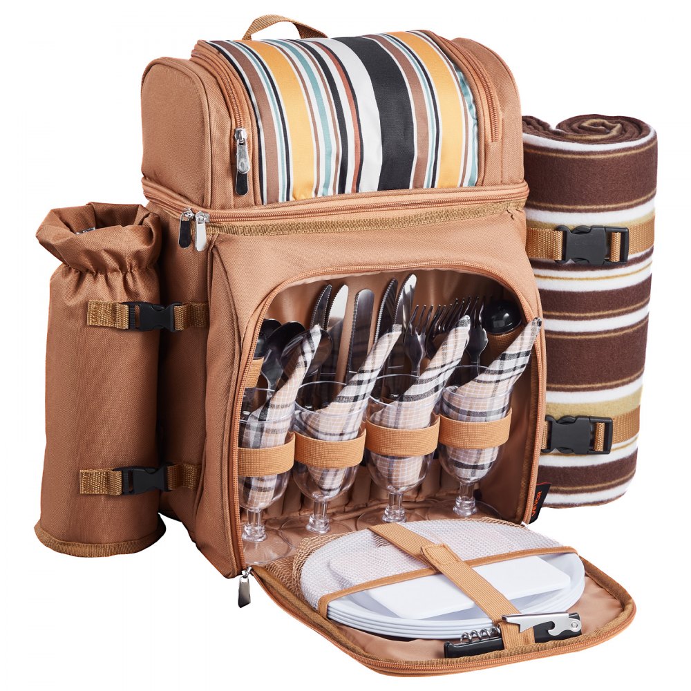 VEVOR Picnic Backpack, Beach Picnic Backpack Bag for 4 Person with Insulated Cooler Compartment, Detachable Bottle/Wine Holder, Lightweight Blanket, Plates and Cutlery Set for Hiking & Camping, Brown
