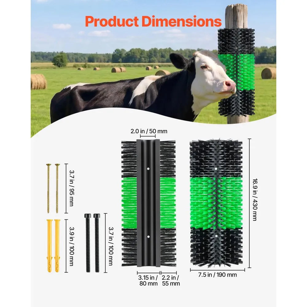 VEVOR Livestock Scratching Brush, 1PC Goat Scratcher Brush Post with 4 Screws, 16.9" x 7.5" Cow Scratcher for Back Itch Relief, Massage Grooming Scratch Tool for Horse Cattle Sheep Pig, Green & Black